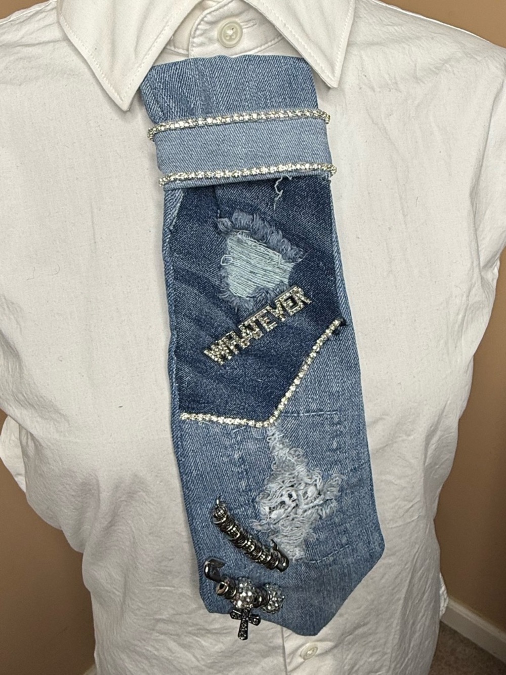 Denim Embellished Women's Tie - Blue with Rhinestones